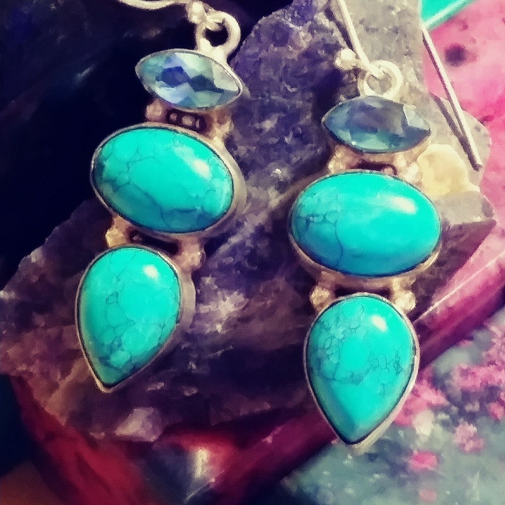 🔥KINGMAN TURQUOISE, LONDON BLUE TOPAZ, STERLING HYPOALLERGENIC EAR. 1-1/2" - Picture 4 of 12